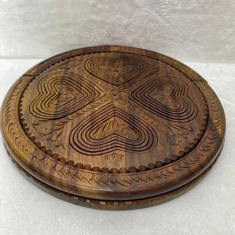 Hand Carved Collapsible‎ Wooden Fruit Basket Heart Design 4 Compartment Trivet